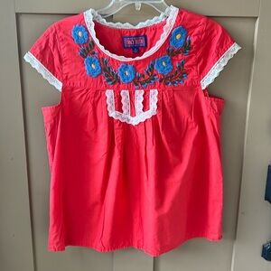 Embroidered Red Top with Blue Floral Design